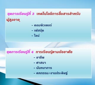 ชุดการเรียนรู้ที่ 3 เทคโนโลยีการสื่อสารสาหรับ
ผู้สูงอายุ
- คอมพิวเตอร์
- เฟสบุ๊ค
- ไลน์
ชุดการเรียนรู้ที่ 4 การเรียนรู้ตามอัธยาศัย
- อาชีพ
- ศาสนา
- นันทนาการ
- คหกรรม/งานประดิษฐ์
 