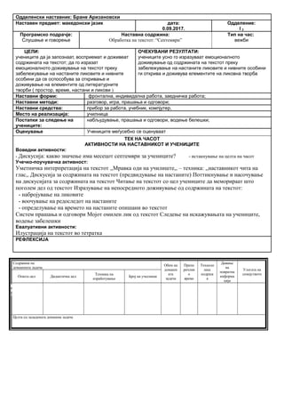 Одделенски наставник: Бране Аризановски
Наставен предмет: македонски јазик дата:
0.09.2017.
Одделение:
I 2
Програмско подрачје:
Слушање и говорење
Наставна содржина:
Обработка на текстот: “Септември”
Тип на час:
вежби
ЦЕЛИ:
учениците да ја запознаат, восприемат и доживеат
содржината на текстот; да го изразат
емоционалното доживување на текстот преку
забележување на настаните ликовите и нивните
особини да се оспособува за откривање и
доживување на елементите од литературните
творби ( простор, време, настани и ликови )
ОЧЕКУВАНИ РЕЗУЛТАТИ:
учениците усно го изразуваат емоционалното
доживување од содржината на текстот преку
забележување на настаните ликовите и нивните особини
ги открива и доживува елементите на ликовна творба
Наставни форми: фронтална, индивидална работа, заедничка работа;
Наставни методи: разговор, игра, прашања и одговори;
Наставни средства: прибор за работа, учебник, компјутер,
Место на реализација: училница
Постапки за следење на
учениците:
набљудување, прашања и одговори, водење белешки;
Оценување Учениците меѓусебно се оценуваат
ТЕК НА ЧАСОТ
АКТИВНОСТИ НА НАСТАВНИКОТ И УЧЕНИЦИТЕ
Воведни активности:
- Дискусија: какво значење има месецот септември за учениците? - истакнување на целта на часот
Учечко-поучувачка активност:
Уметничка интерпретација на текстот ,,Мравка оди на училиште,, – техника: ,,наставникот чита на
глас,, Дискусија за содржината на текстот (предвидување на настаните) Поттикнување и насочување
на дискусијата за содржината на текстот Читање на текстот со цел учениците да меморираат што
поголем дел од текстот Изразување на непосредното доживување од содржината на текстот:
- набројување на ликовите
- воочување на редоследот на настаните
- определување на времето на настаните опишани во текстот
Систем прашања и одговори Мојот омилен лик од текстот Следење на искажувањата на учениците,
водење забелешки
Евалуативни активности:
Илустрација на текстот во тетратка
РЕФЛЕКСИЈА
Содржина на
домашната задача
Обем на
домашн
ата
задача
Препо
рачлив
о
време
Техноло
шка
подршк
а
Давање
на
повратна
информа
ција
Улогата на
семејството
Општа цел Дидактичка цел
Техника на
изработување
Број на учесници
Целта од зададената домашна задача
Опиши го рељефот на Република Македонија
Продолжување
на работата од
часот
Да го увежбува
пишувањето
Писмена домашна
работа
Индивидуалн
а работа
Да напише
5 реченици
10 – 15
минути
учебникписменаКонтрола на
изработената
домашна работа
Ученикот да се оспособи да разликува релјеф според картографски бои
 