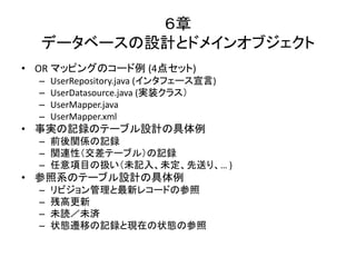 ６章
データベースの設計とドメインオブジェクト
• OR マッピングのコード例 (4点セット)
– UserRepository.java (インタフェース宣言)
– UserDatasource.java (実装クラス）
– UserMapper.java
– UserMapper.xml
• 事実の記録のテーブル設計の具体例
– 前後関係の記録
– 関連性（交差テーブル）の記録
– 任意項目の扱い（未記入、未定、先送り、… )
• 参照系のテーブル設計の具体例
– リビジョン管理と最新レコードの参照
– 残高更新
– 未読／未済
– 状態遷移の記録と現在の状態の参照
 