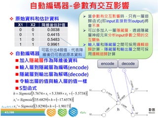 43/88
5.7674
5.3388
-5.5738
35.6829
3.8290
-17.6578-1.9017
X2'
X1'
    6578.176829.35'1  hSigmoidx
自動編碼器-參數有交互影響
 原始資料和估計資料
 自動編碼器(多層邏輯迴歸)
加入隱藏層作為降維後資料
輸入層到隱藏層為編碼(encode)
隱藏層到輸出層為解碼(decode)
令輸出層的值與輸入層的值一樣
S型函式
X1 X2 降維後估計值
0 0 0.0038
0 1 0.4415
1 0 0.5483
1 1 0.9961
  5738.53389.57674.5 21  xxSigmoidh
 當參數有交互影響時，只有一層迴
歸函式(即input直接對到output)將
會不準
 可以多加入一層隱藏層，透過隱藏
層神經元來分析input參數之間的交
互關係
 輸入層和隱藏層之間可採用邏輯迴
歸計算，隱藏層和輸出層之間可採
用邏輯迴歸計算
h
encode decode
    9017.18290.3'2  hSigmoidx
可區分出4個值，代表降
維後仍可表述原本資料
 