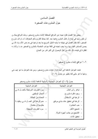 ‫ﻙ‬٣٥/١:‫ﺍﻻﻗﺘﺼﺎﺩﻴﺔ‬ ‫ﺍﻟﺠﺩﻭﻯ‬ ‫ﺩﺭﺍﺴﺎﺕ‬‫ﺍﻟﺼﻐﻴﺭﺓ‬ ‫ﺍﻟﻤﺸﺭﻭﻋﺎﺕ‬ ‫ﺤﻭل‬
‫ﺍﻟﻌﺎﻟﻰ‬ ‫ﺍﻟﺘﻌﻠﻴﻡ‬ ‫ﺇﻟﻰ‬ ‫ﺍﻟﻤﺅﺩﻴﺔ‬ ‫ﺍﻟﻁﺭﻕ‬١٠٧
‫ﺍﻟﻔﺼل‬‫ﺍﻟﺴﺎﺩﺱ‬
‫ﺍﻟﺼﻐﻴﺭﺓ‬ ‫ﺍﻟﻤﺸﺭﻭﻋﺎﺕ‬ ‫ﺤﻭل‬
‫ﻫ‬ ‫ﻴﻌﻁﻰ‬‫ﻴﻤﻜـﻥ‬ ‫ﺍﻟﺩﻭﺍﻓﻊ‬ ‫ﻭﻫﺫﻩ‬ ،‫ﺼﻐﻴﺭ‬ ‫ﻤﺸﺭﻭﻉ‬ ‫ﻹﻨﺸﺎﺀ‬ ‫ﺍﻟﻤﺨﺘﻠﻔﺔ‬ ‫ﺍﻟﺩﻭﺍﻓﻊ‬ ‫ﻋﻥ‬ ‫ﺠﻴﺩﺓ‬ ‫ﻓﻜﺭﺓ‬ ‫ﺍﻟﻔﺼل‬ ‫ﺫﺍ‬
‫ﺒﻌﺩ‬ ‫ﻓﻴﻤﺎ‬ ‫ﺍﻟﻤﺸﺭﻭﻉ‬ ‫ﻓﺸل‬ ‫ﺃﻭ‬ ‫ﻨﺠﺎﺡ‬ ‫ﻓﻲ‬ ‫ﺴﺒﺒﺎ‬ ‫ﺘﻜﻭﻥ‬ ‫ﺃﻥ‬.‫ﺍﻟﻤـﺸﺭﻭﻉ‬ ‫ﺃﻤـﺎﻡ‬ ‫ﺍﻟﻤﻌﻭﻗﺎﺕ‬ ‫ﺒﺄﻫﻡ‬ ‫ﺍﻟﻘﺎﺭﺉ‬ ‫ﻴﺤﺎﻁ‬ ‫ﻜﻤﺎ‬
‫ﺍﻟﺼﻐﻴﺭ‬،‫ﺍﻟﺩﻟﻴل‬ ‫ﻴﺸﺒﻪ‬ ‫ﻤﺎ‬ ‫ﻨﻬﺎﻴﺘﻪ‬ ‫ﻓﻲ‬ ‫ﺍﻟﻔﺼل‬ ‫ﻴﻘﺩﻡ‬ ‫ﻜﻤﺎ‬‫ﺍﻟﺴﺭﻴﻊ‬‫ﺒ‬‫ﺍﻟﺘـﻲ‬ ‫ﺍﻷﺸـﻴﺎﺀ‬ ‫ﺒﻌـﺽ‬ ‫ﻓﻲ‬ ‫ﺘﺭﻏﻴﺒﺎ‬ ‫ﻴﻌﺩ‬ ‫ﻤﺎ‬
‫ﺒﻬﺎ‬ ‫ﺍﻟﻘﻴﺎﻡ‬ ‫ﻟﻠﻤﺴﺜﻤﺭ‬ ‫ﻴﺤﺴﻥ‬،‫ﻭﻻﺩﺘـﻪ‬ ‫ﻤﻨـﺫ‬ ‫ﺍﻟﺼﻐﻴﺭ‬ ‫ﺒﺎﻟﻤﺸﺭﻭﻉ‬ ‫ﺍﻟﻤﺘﺼﻠﺔ‬ ‫ﺠﻭﺍﻨﺏ‬ ‫ﻜﺎﻓﺔ‬ ‫ﻓﻲ‬ ‫ﺘﺠﻨﺒﻪ‬ ‫ﻴﺠﺏ‬ ‫ﻭﻤﺎ‬
‫ﺇﻟﻰ‬ ‫ﺍﻟﻭﺼﻭل‬ ‫ﺃﺠل‬ ‫ﻤﻥ‬ ‫ﺫﻟﻙ‬ ‫ﻜل‬ ،‫ﻗﻴﺎﻤﻪ‬ ‫ﺇﻟﻰ‬ ‫ﻜﻔﻜﺭﺓ‬‫ﺃ‬‫ﺍﻟﻨﺠﺎﺡ‬ ‫ﻤﻥ‬ ‫ﻗﺩﺭ‬ ‫ﻜﺒﺭ‬.
٦-١‫ﺼﻐﻴﺭ‬ ‫ﻤﺸﺭﻭﻉ‬ ‫ﺇﻨﺸﺎﺀ‬ ‫ﺩﻭﺍﻓﻊ‬
‫ﺍﻟﺩﺍﻓﻌﺔ‬ ‫ﺍﻟﻌﻭﺍﻤل‬ ‫ﺘﺘﻌﺩﺩ‬‫ﺇ‬‫ﺍﺘﺨﺎﺫ‬ ‫ﻟﻰ‬‫ﻫﻭ‬ ‫ﻤﺎ‬ ‫ﺍﻟﻌﻭﺍﻤل‬ ‫ﻫﺫﻩ‬ ‫ﻭﻤﻥ‬ ،‫ﺼﻐﻴﺭ‬ ‫ﻤﺸﺭﻭﻉ‬ ‫ﺒﺈﻨﺸﺎﺀ‬ ‫ﻗﺭﺍﺭ‬‫ﺇ‬‫ﻴﺠـﺎﺒﻲ‬
‫ﻫﻭ‬ ‫ﻤﺎ‬ ‫ﻭﻤﻨﻬﺎ‬‫ﺠﺩﻭل‬ ‫ﻤﻥ‬ ‫ﻴﻅﻬﺭ‬ ‫ﻜﻤﺎ‬ ‫ﺴﻠﺒﻲ‬)٦-١.(
‫ﺠﺩﻭل‬)٦-١(:‫ﺍﻟﻌﻭﺍﻤل‬‫ﺍﻹﻴﺠﺎﺒﻴﺔ‬‫ﻭ‬‫ﺼﻐﻴﺭ‬ ‫ﻤﺸﺭﻭﻉ‬ ‫ﻹﻨﺸﺎﺀ‬ ‫ﺍﻟﺩﺍﻓﻌﺔ‬ ‫ﺍﻟﺴﻠﺒﻴﺔ‬
‫ﺍﻹﻴﺠﺎﺒﻴﺔ‬ ‫ﺍﻟﻌﻭﺍﻤل‬‫ﺍﻟﺴﻠﺒﻴﺔ‬ ‫ﺍﻟﻌﻭﺍﻤل‬
−‫ﺍﻟﻤﺎل‬ ‫ﺭﺃﺱ‬ ‫ﺘﻭﺍﻓﺭ‬.
−‫ﻤﺸﺭﻭﻉ‬ ‫ﻓﻜﺭﺓ‬ ‫ﻭﺠﻭﺩ‬.
−‫ﺍﻻﺴﺘﻘﻼل‬ ‫ﻓﻲ‬ ‫ﺍﻟﺭﻏﺒﺔ‬.
−‫ﺍﻟﺭﻏ‬‫ﻤﺭﺘﻔﻊ‬ ‫ﻤﺎﺩﻱ‬ ‫ﻋﺎﺌﺩ‬ ‫ﺘﺤﻘﻴﻕ‬ ‫ﻓﻲ‬ ‫ﺒﺔ‬.
−‫ﺍﻟﻤﻐﺎﻤﺭﺓ‬ ‫ﺤﺏ‬.
−‫ﺍﻷﻫل‬ ‫ﺘﺸﺠﻴﻊ‬.
−‫ﺍﻟﺩﻭﻟﺔ‬ ‫ﺃﺠﻬﺯﺓ‬ ‫ﺠﺎﻨﺏ‬ ‫ﻤﻥ‬ ‫ﺍﻟﺘﺸﺠﻴﻊ‬.
−‫ﺍﻟﺫﺍﺕ‬ ‫ﺘﺤﻘﻴﻕ‬.
−‫ﻓـﻲ‬ ‫ﺒﺎﻟﻌﻤـل‬ ‫ﺍﻟﻤﺭﺘﺒﻁﺔ‬ ‫ﺍﻟﻅﺭﻭﻑ‬ ‫ﺴﻭﺀ‬
‫ﺍﻟﻭﻅﻴﻔﻲ‬ ‫ﺍﻟﻤﺠﺎل‬.
−‫ﺍﻟﺒﻁﺎﻟﺔ‬ ‫ﻤﻥ‬ ‫ﺍﻟﻤﻌﺎﻨﺎﺓ‬.
−‫ﻭﻅﻴﻔـﺔ‬ ‫ﻓـﻲ‬ ‫ﺍﻟﻌﻤـل‬ ‫ﻓﻲ‬ ‫ﺍﻟﺭﻏﺒﺔ‬ ‫ﻋﺩﻡ‬
‫ﺨﺎﺼﺔ‬ ‫ﺃﻭ‬ ‫ﺤﻜﻭﻤﻴﺔ‬.
−‫ﺍﻟﻤﺤﻴﻁﺔ‬ ‫ﺍﻟﻅﺭﻭﻑ‬ ‫ﺴﻭﺀ‬.
−
www.alkottob.com
www.alkottob.com
 