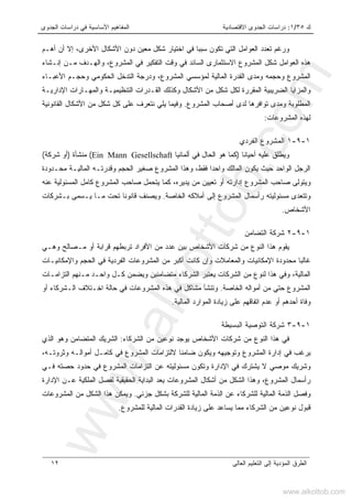 ‫ﻙ‬٣٥/١:‫ﺍﻻﻗﺘﺼﺎﺩﻴ‬ ‫ﺍﻟﺠﺩﻭﻯ‬ ‫ﺩﺭﺍﺴﺎﺕ‬‫ﺔ‬‫ﺍﻟﺠﺩﻭﻯ‬ ‫ﺩﺭﺍﺴﺎﺕ‬ ‫ﻓﻲ‬ ‫ﺍﻷﺴﺎﺴﻴﺔ‬ ‫ﺍﻟﻤﻔﺎﻫﻴﻡ‬
‫ﺍﻟﻌﺎﻟﻰ‬ ‫ﺍﻟﺘﻌﻠﻴﻡ‬ ‫ﺇﻟﻰ‬ ‫ﺍﻟﻤﺅﺩﻴﺔ‬ ‫ﺍﻟﻁﺭﻕ‬١٢
‫ﺃﻫـﻡ‬ ‫ﺃﻥ‬ ‫ﺇﻻ‬ ،‫ﺍﻷﺨﺭﻯ‬ ‫ﺍﻷﺸﻜﺎل‬ ‫ﺩﻭﻥ‬ ‫ﻤﻌﻴﻥ‬ ‫ﺸﻜل‬ ‫ﺍﺨﺘﻴﺎﺭ‬ ‫ﻓﻲ‬ ‫ﺴﺒﺒﺎ‬ ‫ﺘﻜﻭﻥ‬ ‫ﺍﻟﺘﻲ‬ ‫ﺍﻟﻌﻭﺍﻤل‬ ‫ﺘﻌﺩﺩ‬ ‫ﻭﺭﻏﻡ‬
‫ﺍﻟﻤﺸﺭﻭﻉ‬ ‫ﻓﻲ‬ ‫ﺍﻟﺘﻔﻜﻴﺭ‬ ‫ﻭﻗﺕ‬ ‫ﻓﻲ‬ ‫ﺍﻟﺴﺎﺌﺩ‬ ‫ﺍﻻﺴﺘﺜﻤﺎﺭﻯ‬ ‫ﺍﻟﻤﺸﺭﻭﻉ‬ ‫ﺸﻜل‬ ‫ﺍﻟﻌﻭﺍﻤل‬ ‫ﻫﺫﻩ‬‫ﺇﻨـﺸﺎﺀ‬ ‫ﻤـﻥ‬ ‫ﻭﺍﻟﻬـﺩﻑ‬ ،
‫ﻭﻤﺩ‬ ‫ﻭﺤﺠﻤﻪ‬ ‫ﺍﻟﻤﺸﺭﻭﻉ‬‫ﻯ‬‫ﺍﻷﻋﺒـﺎﺀ‬ ‫ﻭﺤﺠـﻡ‬ ‫ﺍﻟﺤﻜﻭﻤﻲ‬ ‫ﺍﻟﺘﺩﺨل‬ ‫ﻭﺩﺭﺠﺔ‬ ،‫ﺍﻟﻤﺸﺭﻭﻉ‬ ‫ﻟﻤﺅﺴﺴﻲ‬ ‫ﺍﻟﻤﺎﻟﻴﺔ‬ ‫ﺍﻟﻘﺩﺭﺓ‬
‫ﺍﻹﺩﺍﺭﻴـﺔ‬ ‫ﻭﺍﻟﻤﻬـﺎﺭﺍﺕ‬ ‫ﺍﻟﺘﻨﻅﻴﻤﻴـﺔ‬ ‫ﺍﻟﻘـﺩﺭﺍﺕ‬ ‫ﻭﻜﺫﻟﻙ‬ ‫ﺍﻷﺸﻜﺎل‬ ‫ﻤﻥ‬ ‫ﺸﻜل‬ ‫ﻟﻜل‬ ‫ﺍﻟﻤﻘﺭﺭﺓ‬ ‫ﺍﻟﻀﺭﻴﺒﻴﺔ‬ ‫ﻭﺍﻟﻤﺯﺍﻴﺎ‬
‫ﺍﻟﻤﺸﺭﻭﻉ‬ ‫ﺃﺼﺤﺎﺏ‬ ‫ﻟﺩﻯ‬ ‫ﺘﻭﺍﻓﺭﻫﺎ‬ ‫ﻭﻤﺩﻯ‬ ‫ﺍﻟﻤﻁﻠﻭﺒﺔ‬.‫ﺸﻜ‬ ‫ﻜل‬ ‫ﻋﻠﻰ‬ ‫ﻨﺘﻌﺭﻑ‬ ‫ﻴﻠﻲ‬ ‫ﻭﻓﻴﻤﺎ‬‫ﺍﻟﻘﺎﻨﻭﻨﻴﺔ‬ ‫ﺍﻷﺸﻜﺎل‬ ‫ﻤﻥ‬ ‫ل‬
‫ﺍﻟﻤﺸﺭﻭﻋﺎﺕ‬ ‫ﻟﻬﺫﻩ‬:
١-٩-١‫ﺍﻟﻔﺭﺩﻱ‬ ‫ﺍﻟﻤﺸﺭﻭﻉ‬
‫ﺃﺤﻴﺎﻨﺎ‬ ‫ﻋﻠﻴﻪ‬ ‫ﻭﻴﻁﻠﻕ‬)‫ﺃﻟﻤﺎﻨﻴﺎ‬ ‫ﻓﻲ‬ ‫ﺍﻟﺤﺎل‬ ‫ﻫﻭ‬ ‫ﻜﻤﺎ‬Ein Mann Gesellschaft(‫ﻤﻨﺸﺄﺓ‬)‫ﺸﺭﻜﺔ‬ ‫ﺃﻭ‬(
‫ﻤﺤـﺩﻭﺩﺓ‬ ‫ﺍﻟﻤﺎﻟﻴـﺔ‬ ‫ﻭﻗﺩﺭﺘـﻪ‬ ‫ﺍﻟﺤﺠﻡ‬ ‫ﺼﻐﻴﺭ‬ ‫ﺍﻟﻤﺸﺭﻭﻉ‬ ‫ﻭﻫﺫﺍ‬ ،‫ﻓﻘﻁ‬ ‫ﻭﺍﺤﺩﺍ‬ ‫ﺍﻟﻤﺎﻟﻙ‬ ‫ﻴﻜﻭﻥ‬ ‫ﺤﻴﺙ‬ ‫ﺍﻟﻭﺍﺤﺩ‬ ‫ﺍﻟﺭﺠل‬
‫ﺇﺩﺍﺭﺘﻪ‬ ‫ﺍﻟﻤﺸﺭﻭﻉ‬ ‫ﺼﺎﺤﺏ‬ ‫ﻭﻴﺘﻭﻟﻰ‬‫ﻴﺩﻴﺭﻩ‬ ‫ﻤﻥ‬ ‫ﺘﻌﻴﻴﻥ‬ ‫ﺃﻭ‬،‫ﻋﻨﻪ‬ ‫ﺍﻟﻤﺴﺌﻭﻟﻴﺔ‬ ‫ﻜﺎﻤل‬ ‫ﺍﻟﻤﺸﺭﻭﻉ‬ ‫ﺼﺎﺤﺏ‬ ‫ﻴﺘﺤﻤل‬ ‫ﻜﻤﺎ‬
‫ﺍﻟﺨﺎﺼﺔ‬ ‫ﺃﻤﻼﻜﻪ‬ ‫ﺇﻟﻰ‬ ‫ﺍﻟﻤﺸﺭﻭﻉ‬ ‫ﺭﺃﺴﻤﺎل‬ ‫ﻤﺴﺌﻭﻟﻴﺘﻪ‬ ‫ﻭﺘﺘﻌﺩﻯ‬.‫ﺒـﺸﺭﻜﺎﺕ‬ ‫ﻴـﺴﻤﻰ‬ ‫ﻤـﺎ‬ ‫ﺘﺤﺕ‬ ‫ﻗﺎﻨﻭﻨﺎ‬ ‫ﻭﻴﺼﻨﻑ‬
‫ﺍﻷﺸﺨﺎﺹ‬.
١-٩-٢‫ﺍﻟﺘﻀﺎﻤﻥ‬ ‫ﺸﺭﻜﺔ‬
‫ﻭﻫـﻲ‬ ‫ﻤـﺼﺎﻟﺢ‬ ‫ﺃﻭ‬ ‫ﻗﺭﺍﺒﺔ‬ ‫ﺘﺭﺒﻁﻬﻡ‬ ‫ﺍﻷﻓﺭﺍﺩ‬ ‫ﻤﻥ‬ ‫ﻋﺩﺩ‬ ‫ﺒﻴﻥ‬ ‫ﺍﻷﺸﺨﺎﺹ‬ ‫ﺸﺭﻜﺎﺕ‬ ‫ﻤﻥ‬ ‫ﺍﻟﻨﻭﻉ‬ ‫ﻫﺫﺍ‬ ‫ﻴﻘﻭﻡ‬
‫ﻤ‬ ‫ﻏﺎﻟﺒﺎ‬‫ﻭﺍﻹﻤﻜﺎﻨﻴـﺎﺕ‬ ‫ﺍﻟﺤﺠﻡ‬ ‫ﻓﻲ‬ ‫ﺍﻟﻔﺭﺩﻴﺔ‬ ‫ﺍﻟﻤﺸﺭﻭﻋﺎﺕ‬ ‫ﻤﻥ‬ ‫ﺃﻜﺒﺭ‬ ‫ﻜﺎﻨﺕ‬ ‫ﻭﺇﻥ‬ ‫ﻭﺍﻟﻤﻌﺎﻤﻼﺕ‬ ‫ﺍﻹﻤﻜﺎﻨﻴﺎﺕ‬ ‫ﺤﺩﻭﺩﺓ‬
‫ﺍﻟﺘﺯﺍﻤـﺎﺕ‬ ‫ﻤـﻨﻬﻡ‬ ‫ﻭﺍﺤـﺩ‬ ‫ﻜـل‬ ‫ﻭﻴﻀﻤﻥ‬ ‫ﻤﺘﻀﺎﻤﻨﻴﻥ‬ ‫ﺍﻟﺸﺭﻜﺎﺀ‬ ‫ﻴﻌﺘﺒﺭ‬ ‫ﺍﻟﺸﺭﻜﺎﺕ‬ ‫ﻤﻥ‬ ‫ﻟﻨﻭﻉ‬ ‫ﻫﺫﺍ‬ ‫ﻭﻓﻲ‬ ،‫ﺍﻟﻤﺎﻟﻴﺔ‬
‫ﺍﻟﺨﺎﺼﺔ‬ ‫ﺃﻤﻭﺍﻟﻪ‬ ‫ﻤﻥ‬ ‫ﺤﺘﻲ‬ ‫ﺍﻟﻤﺸﺭﻭﻉ‬.‫ﺤﺎﻟﺔ‬ ‫ﻓﻲ‬ ‫ﺍﻟﻤﺸﺭﻭﻋﺎﺕ‬ ‫ﻫﺫﻩ‬ ‫ﻓﻲ‬ ‫ﻤﺸﺎﻜل‬ ‫ﻭﺘﻨﺸﺄ‬‫ﺍ‬‫ﺃﻭ‬ ‫ﺍﻟـﺸﺭﻜﺎﺀ‬ ‫ﺨـﺘﻼﻑ‬
‫ﻭﻓﺎ‬‫ﺍﻟﻤﺎﻟﻴﺔ‬ ‫ﺍﻟﻤﻭﺍﺭﺩ‬ ‫ﺯﻴﺎﺩﺓ‬ ‫ﻋﻠﻰ‬ ‫ﺍﺘﻔﺎﻗﻬﻡ‬ ‫ﻋﺩﻡ‬ ‫ﺃﻭ‬ ‫ﺃﺤﺩﻫﻡ‬ ‫ﺓ‬.
١-٩-٣‫ﺍﻟﺘﻭﺼﻴﺔ‬ ‫ﺸﺭﻜﺔ‬‫ﺍﻟﺒﺴﻴﻁﺔ‬
‫ﺸﺭﻜﺎﺕ‬ ‫ﻤﻥ‬ ‫ﺍﻟﻨﻭﻉ‬ ‫ﻫﺫﺍ‬ ‫ﻓﻲ‬‫ﺍ‬‫ﺍﻟﺸﺭﻜﺎﺀ‬ ‫ﻤﻥ‬ ‫ﻨﻭﻋﻴﻥ‬ ‫ﻴﻭﺠﺩ‬ ‫ﻷﺸﺨﺎﺹ‬:‫ﺍﻟﺫﻱ‬ ‫ﻭﻫﻭ‬ ‫ﺍﻟﻤﺘﻀﺎﻤﻥ‬ ‫ﺍﻟﺸﺭﻴﻙ‬
‫ﻀﺎﻤﻨﺎ‬ ‫ﻭﻴﻜﻭﻥ‬ ‫ﻭﺘﻭﺠﻴﻬﻪ‬ ‫ﺍﻟﻤﺸﺭﻭﻉ‬ ‫ﺇﺩﺍﺭﺓ‬ ‫ﻓﻲ‬ ‫ﻴﺭﻏﺏ‬‫ﻻ‬،‫ﻭﺜﺭﻭﺘـﻪ‬ ‫ﺃﻤﻭﺍﻟـﻪ‬ ‫ﻜﺎﻤـل‬ ‫ﻓﻲ‬ ‫ﺍﻟﻤﺸﺭﻭﻉ‬ ‫ﻟﺘﺯﺍﻤﺎﺕ‬
‫ﻴﺸﺘ‬ ‫ﻻ‬ ‫ﻤﻭﺼﻲ‬ ‫ﻭﺸﺭﻴﻙ‬‫ﻓـﻲ‬ ‫ﺤﺼﺘﻪ‬ ‫ﺤﺩﻭﺩ‬ ‫ﻓﻲ‬ ‫ﺍﻟﻤﺸﺭﻭﻉ‬ ‫ﺍﻟﺘﺯﺍﻤﺎﺕ‬ ‫ﻋﻥ‬ ‫ﻤﺴﺌﻭﻟﻴﺘﻪ‬ ‫ﻭﺘﻜﻭﻥ‬ ‫ﺍﻹﺩﺍﺭﺓ‬ ‫ﻓﻲ‬ ‫ﺭﻙ‬
‫ﺍﻹﺩﺍﺭﺓ‬ ‫ﻋـﻥ‬ ‫ﺍﻟﻤﻠﻜﻴﺔ‬ ‫ﻟﻔﺼل‬ ‫ﺍﻟﺤﻘﻴﻘﻴﺔ‬ ‫ﺍﻟﺒﺩﺍﻴﺔ‬ ‫ﻴﻌﺩ‬ ‫ﺍﻟﻤﺸﺭﻭﻋﺎﺕ‬ ‫ﺃﺸﻜﺎل‬ ‫ﻤﻥ‬ ‫ﺍﻟﺸﻜل‬ ‫ﻭﻫﺫﺍ‬ ،‫ﺍﻟﻤﺸﺭﻭﻉ‬ ‫ﺭﺃﺴﻤﺎل‬
‫ﺠﺯﺌﻲ‬ ‫ﺒﺸﻜل‬ ‫ﻟﻠﺸﺭﻜﺔ‬ ‫ﺍﻟﻤﺎﻟﻴﺔ‬ ‫ﺍﻟﺫﻤﺔ‬ ‫ﻋﻥ‬ ‫ﻟﻠﺸﺭﻜﺎﺀ‬ ‫ﺍﻟﻤﺎﻟﻴﺔ‬ ‫ﺍﻟﺫﻤﺔ‬ ‫ﻭﻓﺼل‬.‫ﺍﻟﻤﺸﺭﻭﻋﺎﺕ‬ ‫ﻤﻥ‬ ‫ﺍﻟﺸﻜل‬ ‫ﻫﺫﺍ‬ ‫ﻭﻴﻤﻜﻥ‬
‫ﻨﻭﻋﻴ‬ ‫ﻗﺒﻭل‬‫ﻟﻠﻤﺸﺭﻭﻉ‬ ‫ﺍﻟﻤﺎﻟﻴﺔ‬ ‫ﺍﻟﻘﺩﺭﺍﺕ‬ ‫ﺯﻴﺎﺩﺓ‬ ‫ﻋﻠﻰ‬ ‫ﻴﺴﺎﻋﺩ‬ ‫ﻤﻤﺎ‬ ‫ﺍﻟﺸﺭﻜﺎﺀ‬ ‫ﻤﻥ‬ ‫ﻥ‬.
www.alkottob.com
www.alkottob.com
 