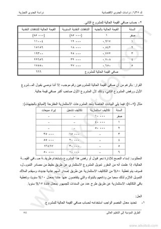 ‫ﻙ‬٣٥/١:‫ﺍﻻﻗﺘﺼﺎﺩﻴﺔ‬ ‫ﺍﻟﺠﺩﻭﻯ‬ ‫ﺩﺭﺍﺴﺎﺕ‬‫ﺍﻟﺘﺠﺎﺭﻴﺔ‬ ‫ﺍﻟﺠﺩﻭﻯ‬ ‫ﺩﺭﺍﺴﺔ‬
‫ﺍﻟﻌﺎﻟﻰ‬ ‫ﺍﻟﺘﻌﻠﻴﻡ‬ ‫ﺇﻟﻰ‬ ‫ﺍﻟﻤﺅﺩﻴﺔ‬ ‫ﺍﻟﻁﺭﻕ‬٨٤
٢-‫ﺤﺴﺎﺏ‬‫ﺼﺎﻓﻲ‬‫ﺍﻟﻘﻴﻤﺔ‬‫ﺍﻟﺤﺎﻟﻴﺔ‬‫ﻟﻠﻤﺸﺭﻭﻉ‬‫ﺍﻟﺜﺎﻨﻲ‬.
‫ﺍ‬‫ﻟﺴﻨﺔ‬‫ﺍﻟﻘﻴﻤﺔ‬‫ﺍﻟﺤﺎﻟﻴﺔ‬‫ﺒﺎﻟﺠﻨﻴﻪ‬‫ﺍﻟﺘﺩﻓﻘﺎ‬‫ﺕ‬‫ﺍﻟﻨﻘﺩﻴﺔ‬‫ﺍﻟﺴﻨﻭﻴﺔ‬‫ﺍﻟ‬‫ﻘﻴﻤﺔ‬‫ﺍﻟﺤﺎﻟﻴﺔ‬‫ﻟﻠﺘﺩﻓﻘﺎﺕ‬‫ﺍﻟﻨﻘﺩﻴﺔ‬
‫ﺼﻔﺭ‬١)٠٠٠٨٥()٠٠٠٨٥(
١٠,٩١٧٠٠٠١٢١١٠٠٤
٢٠,٨٤٢٠٠٠١٨١٥١٥٦
٣٠,٧٧٢٠٠٠٢٥١٩٣٠٠
٤٠,٧٠٨٠٠٠٣٢٢٢٦٥٦
٥٠,٦٥٠٠٠٠٢٧١٧٥٥٠
‫ﺼﺎﻓﻲ‬‫ﺍﻟﻘﻴﻤﺔ‬‫ﺍﻟﺤﺎﻟﻴﺔ‬‫ﻟﻠﻤﺸﺭﻭﻉ‬٦٦٦
‫ﺍﻟﻘﺭﺍﺭ‬:‫ﺒﺎﻟﺭﻏﻡ‬‫ﻤﻥ‬‫ﺃﻥ‬‫ﺼﺎﻓﻲ‬‫ﺍﻟﻘﻴﻤﺔ‬‫ﺍﻟﺤ‬‫ﺎﻟﻴﺔ‬‫ﻟﻠﻤﺸﺭﻭﻋﻴﻥ‬‫ﺭﻗﻡ‬،‫ﻤﻭﺠﺏ‬‫ﺇﻻ‬‫ﺃﻨﻨﺎ‬‫ﻨﻭﺼﻲ‬‫ﺒﻘﺒﻭل‬‫ﺍﻟﻤـﺸﺭﻭﻉ‬
‫ﺍﻷﻭل‬‫ﻭﺭﻓﺽ‬‫ﺍﻟﻤﺸﺭﻭﻉ‬،‫ﺍﻟﺜﺎﻨﻲ‬‫ﻭﺫﻟﻙ‬‫ﻷﻥ‬‫ﺍﻟﻤﺸﺭﻭﻉ‬‫ﺍﻷﻭل‬‫ﺼﺎﺤﺏ‬‫ﺃﻜﺒﺭ‬‫ﺼﺎﻓﻲ‬‫ﻗﻴﻤﺔ‬‫ﺤﺎﻟﻴﺔ‬.
‫ﻤﺜﺎل‬)٥-٤(:‫ﻓﻴﻤﺎ‬‫ﻴﻠﻲ‬‫ﺍﻟﺒﻴﺎﻨﺎﺕ‬‫ﺍﻟﺨﺎﺼﺔ‬‫ﺒﺄﺤﺩ‬‫ﺍﻟﻤﺸﺭ‬‫ﻭﻋﺎﺕ‬‫ﺍﻻﺴﺘﺜﻤﺎﺭﻴﺔ‬‫ﺍﻟﻤﻘﺘﺭﺤﺔ‬)‫ﺍﻟﻤﺒﺎﻟﻎ‬‫ﺒﺎﻟﺠﻨﻴﻬﺎﺕ‬:(
‫ﺍﻟﺴﻨﺔ‬‫ﺘﻜﺎﻟﻴﻑ‬‫ﺍﺴﺘﺜﻤﺎﺭﻴﺔ‬‫ﺘﻜﺎﻟﻴﻑ‬‫ﺘ‬‫ﺸﻐﻴل‬‫ﺇﻴﺭﺍﺩ‬‫ﻤﺒﻴﻌﺎﺕ‬
‫ﺼﻔﺭ‬٠٠٠١٠--
١٠٠٠٤٠--
٢٠٠٠٥٠--
٣-٠٠٠١٥٠٠٠٣٥
٤-٠٠٠٢٠٠٠٠٥٥
٥-٠٠٠٣٠٧٦٤٦٧
٦-٠٠٠١٠٠٠٠٥٠
‫ﺍﻟﻤﻁﻠﻭﺏ‬:‫ﺇﺴﺩﺍﺀ‬‫ﺍﻟﻨﺼﺢ‬‫ﻟﻺﺩﺍﺭﺓ‬‫ﻨﺤﻭ‬‫ﻗﺒﻭل‬‫ﺃﻭ‬‫ﺭﻓﺽ‬‫ﻫﺫﺍ‬‫ﺍﻟﻤﺸﺭﻭﻉ‬‫ﺒﺎﺴﺘﺨﺩﺍﻡ‬‫ﻁﺭﻴﻘـﺔ‬‫ﺼـﺎﻓﻲ‬‫ﺍﻟﻘﻴﻤـﺔ‬
،‫ﺍﻟﺤﺎﻟﻴﺔ‬‫ﺇﺫﺍ‬‫ﻋﻠﻤﺕ‬‫ﺃﻨﻪ‬‫ﻤﻥ‬‫ﺍﻟﻤﻘﺭﺭ‬‫ﺘﻤ‬‫ﻭﻴل‬‫ﺍﻟﻤﺸﺭﻭﻉ‬‫ﺍﻻﺴﺘﺜﻤﺎﺭﻱ‬‫ﻋﻥ‬‫ﻁﺭﻴﻕ‬‫ﺨﻠﻴﻁ‬‫ﻤﻥ‬‫ﻤﺼﺎﺩﺭ‬،‫ﺍﻟﺘﻤﻭﻴـل‬
‫ﻓﺴﻭﻑ‬‫ﻴﺘﻡ‬‫ﺘﻐﻁﻴﺔ‬٨٠%‫ﻤﻥ‬‫ﺍﻟﺘﻜﺎﻟﻴﻑ‬‫ﺍﻻﺴﺘﺜﻤﺎﺭﻴﺔ‬‫ﻋﻥ‬‫ﻁﺭﻴﻕ‬‫ﺇﺼﺩﺍﺭ‬‫ﺃﺴﻬﻡ‬‫ﻋﺎﺩﻴﺔ‬،‫ﺠﺩﻴﺩﺓ‬‫ﻭﺴﻴﻘﺩﻡ‬‫ﺍﻟﻤﻼﻙ‬
‫ﺍﻟﺘﻤﻭﻴل‬‫ﺍﻟﻼﺯﻡ‬‫ﻟﺫﻟﻙ‬‫ﺴﺤﺒﺎ‬‫ﻤﻥ‬‫ﻭﺩﺍﺌﻌﻬﻡ‬‫ﺒﺎﻟﺒﻨﻭﻙ‬‫ﻭﺍﻟﺘﻲ‬‫ﻴﺘﻘﺎﻀﻭﻥ‬‫ﻋﻨﻬﺎ‬‫ﻋﺎﺌﺩ‬‫ﺍ‬‫ﺒﻤﻌﺩل‬١٠%،‫ﹰ‬‫ﺎ‬‫ﺴﻨﻭﻴ‬‫ﻭﺘﻐﻁﻴﺔ‬
‫ﺒﺎﻗﻲ‬‫ﺍﻟﺘﻜﺎﻟﻴﻑ‬‫ﺍﻻﺴﺘ‬‫ﺜﻤﺎﺭﻴﺔ‬‫ﻋﻥ‬‫ﻁﺭﻴﻕ‬‫ﻁﺭﺡ‬‫ﻋﺩﺩ‬‫ﻤﻥ‬‫ﺍﻟﺴﻨﺩﺍﺕ‬‫ﻟﻠﺠﻤﻬﻭﺭ‬‫ﺒﻤﻌﺩل‬‫ﻓﺎﺌﺩﺓ‬١٥%‫ﹰ‬‫ﺎ‬‫ﺴﻨﻭﻴ‬.
‫ﺍﻟﺤل‬:
١-‫ﺘﺤﺩﻴﺩ‬‫ﻤﻌﺩل‬‫ﺍﻟﺨﺼﻡ‬‫ﺍﻟﻭﺍﺠﺏ‬‫ﺍﺴﺘﺨﺩﺍﻤﻪ‬‫ﻟﺤﺴﺎﺏ‬‫ﺼﺎﻓﻲ‬‫ﺍﻟﻘﻴﻤﺔ‬‫ﺍﻟﺤﺎﻟﻴﺔ‬‫ﻟﻠﻤﺸﺭﻭﻉ‬.
www.alkottob.com
www.alkottob.com
 