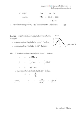 แผนบูรณาการ STEM กลุ่มสาระการเรียนรู้วิทยาศาสตร์ 13
โรงเรียนธรรมศาสตร์คลองหลวงวิทยาคม
โดย ครูวิจิตตา อาไพจิตต์
ข. จากสูตร Ft = mv – mu
แทนค่า… Ft = (3)(+4) - (3)(-8)
= + 36 N.s
 การดลที่กระทากับวัตถุมีค่าเท่ากับ +36 นิวตัน.วินาที มีทิศทางเดียวกับแรงดล ตอบ
ตัวอย่าง 2 จากรูปเป็นกราฟแสดงความสัมพันธ์ระหว่างแรงกับเวลา
ของวัตถุหนึ่ง
ก. ขนาดของการดลที่กระทาต่อวัตถุในช่วง 10 x10-2 วินาทีแรก
ข. ขนาดของแรงดลที่กระทาต่อวัตถุใน 10 x10-2 วินาทีแรก
วิธีทา ก. ขนาดของการดลที่กระทาต่อวัตถุในช่วง 10 x10-2 วินาทีแรก
I = พื้นที่ใต้กราฟ
I =
2
1
xฐานxสูง =
2
1
x10x20
I = 100 N.s
ข. ขนาดของแรงลัพธ์ที่กระทาต่อวัตถุใน 10 x10-2 วินาทีแรก
F

=
t
I

แทนค่า… F = 2-
10x10
100
= 1,000 N
แรง(N)
เวลา ( x10-2
s)
1050
10
20
 