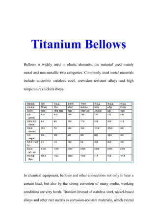Titanium Bellows
Bellows is widely used in elastic elements, the material used mainly
metal and non-metallic two categories. Commonly used metal materials
include austenitic stainless steel, corrosion resistant alloys and high
temperature (nickel) alloys.
In chemical equipment, bellows and other connections not only to bear a
certain load, but also by the strong corrosion of many media, working
conditions are very harsh. Titanium instead of stainless steel, nickel-based
alloys and other rare metals as corrosion-resistant materials, which extend
 