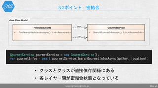 NGポイント：密結合
Slide 46Copyright 2017 @nuits_jp
• クラスとクラスが直接依存関係にある
• 各レイヤー間が密結合状態となっている
class Class Model
FindRestaurants
+ FindNearbyRestaurantsAsync(): IList<Restaurant>
GourmetService
+ SearchGourmetInfosAsync(): IList<GourmetInfo>
new
use
 
