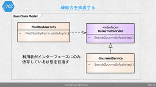 class Class Model
FindRestaurants
+ FindNearbyRestaurantsAsync()
GourmetService
+ SearchGourmetInfosAsync()
«interface»
IGourmetService
+ SearchGourmetInfosAsync()
疎結合を実現する
Slide 60Copyright 2017 @nuits_jp
利用者がインターフェースにのみ
依存している状態を目指す
 