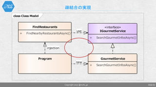 疎結合の実現
Slide 67Copyright 2017 @nuits_jp
class Class Model
FindRestaurants
+ FindNearbyRestaurantsAsync()
GourmetService
+ SearchGourmetInfosAsync()
«interface»
IGourmetService
+ SearchGourmetInfosAsync()
Program
injection
new
use
 