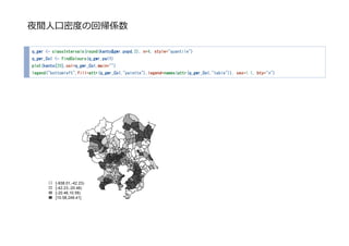 夜間⼈⼝密度の回帰係数
q_gwr <- classIntervals(round(kanto$gwr.popd,2), n=4, style="quantile")
q_gwr_Col <- findColours(q_gwr,pal1)
plot(kanto[20],col=q_gwr_Col,main="")
legend("bottomleft",fill=attr(q_gwr_Col,"palette"),legend=names(attr(q_gwr_Col,"table")), cex=1.1, bty="n")
 