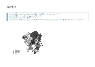 localR2
q_gwr.localR2 <- classIntervals(round(kanto$gwr.localR2,2), n=4, style="quantile")
q_gwr.localR2_Col <- findColours(q_gwr.localR2,pal1)
plot(kanto[23],col=q_gwr.localR2_Col,main="")
legend("bottomleft",fill=attr(q_gwr.localR2_Col,"palette"),legend=names(attr(q_gwr.localR2_Col,"table")), cex=1, bty="n")
 