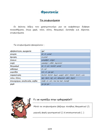 103
ΦΦΦρρροοουυυτττοοοπππίίίααα
Τα επιφωνήματα
Οι άκλιτες λέξεις που χρησιμοποιούμε για να εκφράσουμε διάφορα
συναισθήματα, όπως χαρά, πόνο, λύπη, θαυμασμό, έκπληξη κ.ά. λέγονται
επιφωνήματα.
Τα επιφωνήματα φανερώνουν :
αβεβαιότητα, αμηχανία χμ!
απορία α!, ο!, μπα!
άρνηση α μπα!
έπαινο μπράβο!, εύγε!
ευχή μακάρι!, είθε!, άμποτε!
θαυμασμό α!, ι!, ω!, ποπό!, μπα!
κάλεσμα ε!, ω!
κοροϊδία ου!, ε!, χα χα!
παρακίνηση άιντε!, άντε!, άμε!, μαρς!, αλτ!, στοπ!, σουτ!, κ.ά.
πόνο, λύπη αχ!, άου!, οχ!, ω!, αλίμονο!, αλί!, όχου!
στενοχώρια, απελπισία, αηδία ουφ!, ε!, ου!, πα πα πα!, πουφ!
χαρά χα χα χα !
Τι να προσέξω στην ορθογραφία!!!
Μετά τα επιφωνήματα βάζουμε συνήθως θαυμαστικό (!)
,
μερικές φορές ερωτηματικό (;) ή αποσιωπητικά (…)
 
