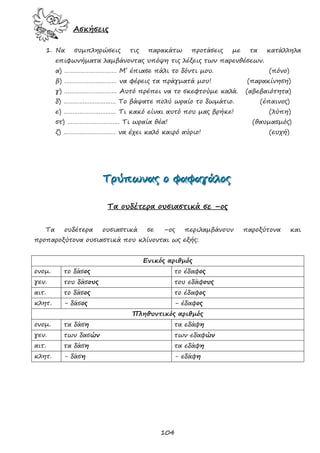 104
Ασκήσεις
1. Να συμπληρώσεις τις παρακάτω προτάσεις με τα κατάλληλα
επιφωνήματα λαμβάνοντας υπόψη τις λέξεις των παρενθέσεων.
α) ………………………… Μ’ έπιασε πάλι το δόντι μου. (πόνο)
β) ………………………… να φέρεις τα πράγματά μου! (παρακίνηση)
γ) ………………………… Αυτό πρέπει να το σκεφτούμε καλά. (αβεβαιότητα)
δ) ………………………… Το βάψατε πολύ ωραίο το δωμάτιο. (έπαινος)
ε) ………………………… Τι κακό είναι αυτό που μας βρήκε! (λύπη)
στ) ………………………… Τι ωραία θέα! (θαυμασμός)
ζ) ………………………… να έχει καλό καιρό αύριο! (ευχή)
ΤΤΤρρρύύύπππωωωννναααςςς οοο φφφαααφφφαααγγγάάάλλλοοοςςς
Τα ουδέτερα ουσιαστικά σε –ος
Τα ουδέτερα ουσιαστικά σε –ος περιλαμβάνουν παροξύτονα και
προπαροξύτονα ουσιαστικά που κλίνονται ως εξής:
Ενικός αριθμός
ονομ. το δάσος το έδαφος
γεν. του δάσους του εδάφους
αιτ. το δάσος το έδαφος
κλητ. - δάσος - έδαφος
Πληθυντικός αριθμός
ονομ. τα δάση τα εδάφη
γεν. των δασών των εδαφών
αιτ. τα δάση τα εδάφη
κλητ. - δάση - εδάφη
 