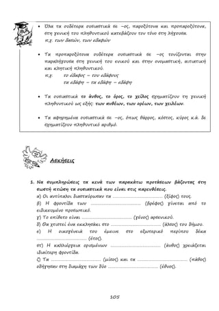 105
 Όλα τα ουδέτερα ουσιαστικά σε –ος, παροξύτονα και προπαροξύτονα,
στη γενική του πληθυντικού κατεβάζουν τον τόνο στη λήγουσα.
π.χ. των δασών, των εδαφών
 Τα προπαροξύτονα ουδέτερα ουσιαστικά σε –ος τονίζονται στην
παραλήγουσα στη γενική του ενικού και στην ονομαστική, αιτιατική
και κλητική πληθυντικού.
π.χ. το έδαφος – του εδάφους
τα εδάφη – τα εδάφη – εδάφη
 Τα ουσιαστικά το άνθος, το όρος, το χείλος σχηματίζουν τη γενική
πληθυντικού ως εξής: των ανθέων, των ορέων, των χειλέων.
 Τα αφηρημένα ουσιαστικά σε –ος, όπως θάρρος, κόστος, κύρος κ.ά. δε
σχηματίζουν πληθυντικό αριθμό.
Ασκήσεις
1. Να συμπληρώσεις τα κενά των παρακάτω προτάσεων βάζοντας στη
σωστή πτώση τα ουσιαστικά που είναι στις παρενθέσεις.
α) Οι αντίπαλοι διασταύρωσαν τα …………………………………… (ξίφος) τους.
β) Η φροντίδα των …………………………………… (βρέφος) γίνεται από το
ειδικευμένο προσωπικό.
γ) Το επίθετο είναι …………………………………… (γένος) αρσενικού.
δ) Θα χτιστεί ένα εκκλησάκι στο …………………………………… (άλσος) του δήμου.
ε) Η οικογένειά του έμεινε στο εξωτερικό περίπου δέκα
…………………………………… (έτος).
στ) Η καλλιέργεια ορισμένων …………………………………… (άνθος) χρειάζεται
ιδιαίτερη φροντίδα.
ζ) Τα …………………………………… (μίσος) και τα …………………………………… (πάθος)
οδήγησαν στη διαμάχη των δύο …………………………………… (έθνος).
 
