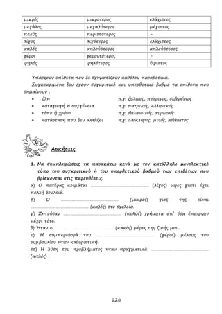 126
μικρός μικρότερος ελάχιστος
μεγάλος μεγαλύτερος μέγιστος
πολύς περισσότερος -
λίγος λιγότερος ελάχιστος
απλός απλούστερος απλούστερος
γέρος γεροντότερος -
ψηλός ψηλότερος ύψιστος
Υπάρχουν επίθετα που δε σχηματίζουν καθόλου παραθετικά.
Συγκεκριμένα δεν έχουν συγκριτικό και υπερθετικό βαθμό τα επίθετα που
σημαίνουν :
 ύλη π.χ. ξύλινος, πέτρινος, σιδερένιος
 καταγωγή ή συγγένεια π.χ. πατρικός, ελληνικός
 τόπο ή χρόνο π.χ. θαλασσινός, αυριανός
 κατάσταση που δεν αλλάζει π.χ. ολόκληρος, μισός, αθάνατος
Ασκήσεις
1. Να συμπληρώσεις τα παρακάτω κενά με τον κατάλληλο μονολεκτικό
τύπο του συγκριτικού ή του υπερθετικού βαθμού των επιθέτων που
βρίσκονται στις παρενθέσεις.
α) Ο πατέρας κοιμάται ………………………………………… (λίγος) ώρες γιατί έχει
πολλή δουλειά.
β) Ο ………………………………………… (μικρός) γιος της είναι
………………………………………… (καλός) στο σχολείο.
γ) Ζητούσαν ………………………………………… (πολύς) χρήματα απ’ όσα έπαιρναν
μέχρι τότε.
δ) Ήταν οι ………………………………………… (κακός) μέρες της ζωής μου.
ε) Η συμπεριφορά του ………………………………………… (γέρος) μέλους του
συμβουλίου ήταν καθοριστική.
στ) Η λύση του προβλήματος ήταν πραγματικά …………………………………………
(απλός) .
 