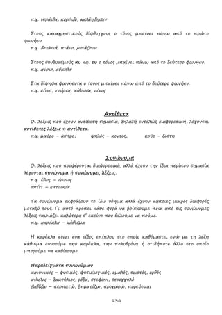 136
π.χ. νεράιδα, κορόιδο, κελάηδησαν
Στους καταχρηστικούς δίφθογγους ο τόνος μπαίνει πάνω από το πρώτο
φωνήεν.
π.χ. δουλειά, πιάνο, μοιάζουν
Στους συνδυασμούς αυ και ευ ο τόνος μπαίνει πάνω από το δεύτερο φωνήεν.
π.χ. αύριο, εύκολα
Στα δίψηφα φωνήεντα ο τόνος μπαίνει πάνω από το δεύτερο φωνήεν.
π.χ. είναι, τούρτα, αίθουσα, οίκος
Αντίθετα
Οι λέξεις που έχουν αντίθετη σημασία, δηλαδή εντελώς διαφορετική, λέγονται
αντίθετες λέξεις ή αντίθετα.
π.χ. μαύρο – άσπρο, ψηλός – κοντός, κρύο – ζέστη
Συνώνυμα
Οι λέξεις που προφέρονται διαφορετικά, αλλά έχουν την ίδια περίπου σημασία
λέγονται συνώνυμα ή συνώνυμες λέξεις.
π.χ. ίδιος – όμοιος
σπίτι – κατοικία
Τα συνώνυμα εκφράζουν το ίδιο νόημα αλλά έχουν κάποιες μικρές διαφορές
μεταξύ τους. Γι’ αυτό πρέπει κάθε φορά να βρίσκουμε ποια από τις συνώνυμες
λέξεις ταιριάζει καλύτερα σ’ εκείνο που θέλουμε να πούμε.
π.χ. καρέκλα – κάθισμα
Η καρέκλα είναι ένα είδος επίπλου στο οποίο καθόμαστε, ενώ με τη λέξη
κάθισμα εννοούμε την καρέκλα, την πολυθρόνα ή οτιδήποτε άλλο στο οποίο
μπορούμε να καθίσουμε.
Παραδείγματα συνωνύμων
κανονικός – φυσικός, φυσιολογικός, ομαλός, σωστός, ορθός
κύκλος – δακτύλιος, ρόδα, στεφάνι, στρογγυλό
βαδίζω – περπατώ, βηματίζω, προχωρώ, πορεύομαι
 