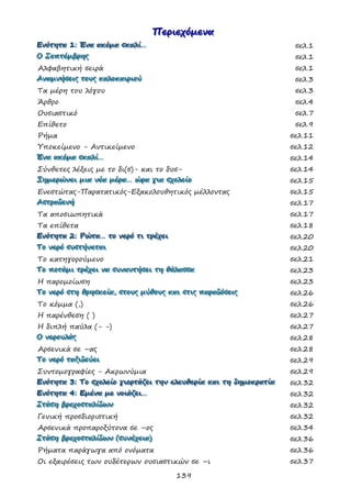 139
ΠΠΠεεερρριιιεεεχχχόόόμμμεεενννααα
ΕΕΕνννόόότττηηητττααα 111::: ΈΈΈνννααα ααακκκόόόμμμααα σσσκκκαααλλλίίί……… σελ.1
ΟΟΟ ΣΣΣεεεπππτττέέέμμμβββρρρηηηςςς σελ.1
Αλφαβητική σειρά σελ.1
ΑΑΑννναααμμμνννήήήσσσεεειιιςςς τττοοουυυςςς κκκαααλλλοοοκκκαααιιιρρριιιοοούύύ σελ.3
Τα μέρη του λόγου σελ.3
Άρθρο σελ.4
Ουσιαστικό σελ.7
Επίθετο σελ.9
Ρήμα σελ.11
Υποκείμενο - Αντικείμενο σελ.12
ΈΈΈνννααα ααακκκόόόμμμααα σσσκκκαααλλλίίί……… σελ.14
Σύνθετες λέξεις με το δι(σ)- και το δυσ- σελ.14
ΞΞΞηηημμμεεερρρώώώνννεεειιι μμμιιιααα νννέέέααα μμμέέέρρρααα……… ώώώρρρααα γγγιιιααα σσσχχχοοολλλεεείίίοοο σελ.15
Ενεστώτας-Παρατατικός-Εξακολουθητικός μέλλοντας σελ.15
ΑΑΑσσστττρρραααδδδεεενννήήή σελ.17
Τα αποσιωπητικά σελ.17
Τα επίθετα σελ.18
ΕΕΕνννόόότττηηητττααα 222::: ΡΡΡώώώτττααα……… τττοοο νννεεερρρόόό τττιιι τττρρρέέέχχχεεειιι σελ.20
ΤΤΤοοο νννεεερρρόόό σσσυυυσσστττήήήνννεεεττταααιιι σελ.20
Το κατηγορούμενο σελ.21
ΤΤΤοοο ππποοοτττάάάμμμιιι τττρρρέέέχχχεεειιι νννααα σσσυυυννναααννντττήήήσσσεεειιι τττηηη θθθάάάλλλααασσσσσσααα σελ.23
Η παρομοίωση σελ.23
ΤΤΤοοο νννεεερρρόόό σσστττηηη θθθρρρηηησσσκκκεεείίίααα,,, σσστττοοουυυςςς μμμύύύθθθοοουυυςςς κκκαααιιι σσστττιιιςςς πππαααρρραααδδδόόόσσσεεειιιςςς σελ.26
Το κόμμα (,) σελ.26
Η παρένθεση ( ) σελ.27
Η διπλή παύλα (- -) σελ.27
ΟΟΟ νννεεερρροοουυυλλλάάάςςς σελ.28
Αρσενικά σε –ας σελ.28
ΤΤΤοοο νννεεερρρόόό ττταααξξξιιιδδδεεεύύύεεειιι σελ.29
Συντομογραφίες - Ακρωνύμια σελ.29
ΕΕΕνννόόότττηηητττααα 333::: ΤΤΤοοο σσσχχχοοολλλεεείίίοοο γγγιιιοοορρρτττάάάζζζεεειιι τττηηηννν εεελλλεεευυυθθθεεερρρίίίααα κκκαααιιι τττηηη δδδηηημμμοοοκκκρρρααατττίίίααα σελ.32
ΕΕΕνννόόότττηηητττααα 444::: ΕΕΕμμμέέένννααα μμμεεε νννοοοιιιάάάζζζεεειιι……… σελ.32
ΣΣΣτττάάάσσσηηη βββρρροοοχχχοοοσσσττταααλλλίίίδδδωωωννν σελ.32
Γενική προσδιοριστική σελ.32
Αρσενικά προπαροξύτονα σε –ος σελ.34
ΣΣΣτττάάάσσσηηη βββρρροοοχχχοοοσσσττταααλλλίίίδδδωωωννν (((σσσυυυνννέέέχχχεεειιιααα))) σελ.36
Ρήματα παράγωγα από ονόματα σελ.36
Οι εξαιρέσεις των ουδέτερων ουσιαστικών σε –ι σελ.37
 