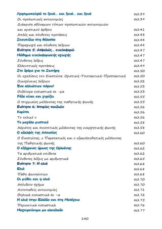 140
ΧΧΧρρρηηησσσιιιμμμοοοππποοοίίίηηησσσέέέ τττοοο ξξξααανννάάά……… κκκαααιιι ξξξααανννάάά……… κκκαααιιι ξξξααανννάάά σελ.39
Οι προσωπικές αντωνυμίες σελ.39
Διάκριση αδύναμων τύπων προσωπικών αντωνυμιών
και οριστικού άρθρου σελ.41
Απλές και σύνθετες προτάσεις σελ.43
ΣΣΣκκκοοουυυπππίίίδδδιιιααα σσστττηηη θθθάάάλλλααασσσσσσααα σελ.44
Παραγωγή και σύνθεση λέξεων σελ.44
ΕΕΕνννόόότττηηητττααα 555::: ΑΑΑσσσφφφαααλλλώώώςςς……… κκκυυυκκκλλλοοοφφφοοορρρώώώ σελ.47
ΜΜΜάάάθθθηηημμμααα κκκυυυκκκλλλοοοφφφοοορρριιιααακκκήήήςςς αααγγγωωωγγγήήήςςς σελ.47
Σύνθετες λέξεις σελ.47
Ελλειπτικές προτάσεις σελ.49
ΣΣΣτττοοο δδδρρρόόόμμμοοο γγγιιιααα τττοοο ΣΣΣωωωτττήήήρρρηηη σελ.50
Οι εγκλίσεις του Ενεστώτα: Οριστική-Υποτακτική-Προστακτική σελ.50
Οικογένειες λέξεων σελ.52
ΈΈΈνννααα αααλλλλλλιιιώώώτττιιικκκοοο πππάάάρρρκκκοοο!!! σελ.53
Ουδέτερα ουσιαστικά σε -μα σελ.53
ΡΡΡόόόδδδααα εεείίίννναααιιι κκκαααιιι γγγυυυρρρίίίζζζεεειιι σελ.55
Ο στιγμιαίος μέλλοντας της παθητικής φωνής σελ.55
ΕΕΕνννόόότττηηητττααα 666::: ΙΙΙσσστττοοορρρίίίεεεςςς πππαααιιιδδδιιιώώώννν σελ.56
ΚΚΚοοορρρίίίτττσσσιιι σελ.56
Το τελικό ν σελ.56
ΤΤΤοοο μμμεεεγγγάάάλλλοοο μμμυυυσσστττιιικκκόόό σελ.58
Αόριστος και συνοπτικός μέλλοντας της ενεργητικής φωνής σελ.58
ΟΟΟ αααδδδεεελλλφφφόόόςςς τττηηηςςς ΑΑΑσσσπππααασσσίίίαααςςς σελ.60
Ο Ενεστώτας, ο Παρατατικός και ο εξακολουθητικός μέλλοντας
της Παθητικής φωνής σελ.60
ΟΟΟ εεεξξξάάάχχχρρροοονννοοοςςς ήήήρρρωωωαααςςς τττηηηςςς ΟΟΟρρρλλλεεεάάάνννηηηςςς σελ.62
Τα αριθμητικά επίθετα σελ.62
Σύνθετες λέξεις με αριθμητικά σελ.65
ΕΕΕνννόόότττηηητττααα 777::: ΗΗΗ εεελλλιιιάάά σελ.68
ΕΕΕλλλιιιάάά σελ.68
Πάθη φωνηέντων σελ.68
ΟΟΟιιι μμμύύύθθθοοοιιι κκκαααιιι ηηη εεελλλιιιάάά σελ.70
Ασύνδετο σχήμα σελ.70
Αυτοπαθείς αντωνυμίες σελ.71
Θηλυκά ουσιαστικά σε –α σελ.72
ΗΗΗ εεελλλιιιάάά σσστττηηηννν ΕΕΕλλλλλλάάάδδδααα κκκαααιιι σσστττηηη ΜΜΜεεεσσσόόόγγγεεειιιοοο σελ.75
Περιεκτικά ουσιαστικά σελ.76
ΜΜΜαααγγγεεειιιρρρεεεύύύοοουυυμμμεεε μμμεεε εεελλλαααιιιόόόλλλαααδδδοοο σελ.77
 