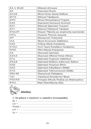 31
Ε.Α. ή ΕΛ.ΑΣ. Ελληνική Αστυνομία
Ε.Ε. Ευρωπαϊκή Ένωση
Ε.Κ.Α.Β. Εθνικό Κέντρο Άμεσης Βοήθειας
ΕΛ.ΤΑ. Ελληνικά Ταχυδρομεία
Ε.Μ.Υ. Εθνική Μετεωρολογική Υπηρεσία
Ε.Ο.Κ. Ευρωπαϊκή Οικονομική Κοινότητα
Ε.Ο.Τ. Ελληνικός Οργανισμός Τουρισμού
Ε.Ρ.Τ. Ελληνική Ραδιοφωνία Τηλεόραση
Ε.ΥΔ.Α.Π. Εταιρεία Ύδρευσης και αποχέτευσης πρωτεύουσας
Η.Π.Α. Ηνωμένες Πολιτείες Αμερικής
Η/Υ Ηλεκτρονικός Υπολογιστής
Ι.Κ.Α. Ίδρυμα Κοινωνικών Ασφαλίσεων
Κ.Ο.Κ. Κώδικας Οδικής Κυκλοφορίας
Κ.Τ.Ε.Λ. Κοινό Ταμείο Εισπράξεων Λεωφορείων
Μ.Μ.Ε. Μέσα Μαζικής Ενημέρωσης
Ο.Α. Ολυμπιακή Αεροπορία
Ο.Α.Κ.Α. Ολυμπιακό Αθλητικό Κέντρο Αθηνών
Ο.Γ.Α. Οργανισμός Γεωργικών Ασφαλίσεων
Ο.Ε.Δ.Β. Οργανισμός Εκδόσεων Διδακτικών Βιβλίων
Ο.Η.Ε. Οργανισμός Ηνωμένων Εθνών
Ο.Σ.Ε. Οργανισμός Σιδηροδρόμων Ελλάδος
Ο.Τ.Ε. Οργανισμός Τηλεπικοινωνιών Ελλάδος
ΠΡΟ-ΠΟ Προγνωστικά Ποδοσφαίρου
Τ.Ε.Ι. Τεχνολογικό Εκπαιδευτικό Ίδρυμα
ΥΠ.Ε.Π.Θ. Υπουργείο Εθνικής Παιδείας και Θρησκευμάτων
Φ.Π.Α. Φόρος Προστιθέμενης Αξίας
Ασκήσεις
1. Να γράψεις τι σημαίνουν οι παρακάτω συντομογραφίες.
βλ. = ………………………………………………………………………………………………..
κ.ά. = ……………………………………………………………………………………………….
Μ.Ασία = …………………………………………………………………………………………
μ.Χ. = ……………………………………………………………………………………………….
λ.χ. = ……………………………………………………………………………………………….
 