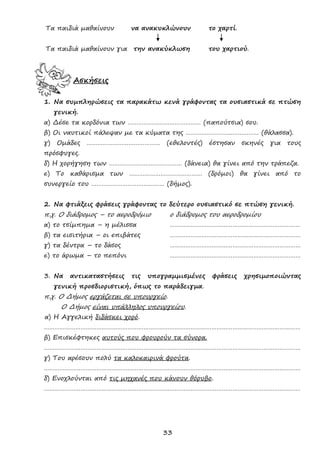 33
Τα παιδιά μαθαίνουν να ανακυκλώνουν το χαρτί.
Τα παιδιά μαθαίνουν για την ανακύκλωση του χαρτιού.
Ασκήσεις
1. Να συμπληρώσεις τα παρακάτω κενά γράφοντας τα ουσιαστικά σε πτώση
γενική.
α) Δέσε τα κορδόνια των …………………………………… (παπούτσια) σου.
β) Οι ναυτικοί πάλεψαν με τα κύματα της …………………………………… (θάλασσα).
γ) Ομάδες …………………………………… (εθελοντές) έστησαν σκηνές για τους
πρόσφυγες.
δ) Η χορήγηση των …………………………………… (δάνεια) θα γίνει από την τράπεζα.
ε) Το καθάρισμα των …………………………………… (δρόμοι) θα γίνει από το
συνεργείο του …………………………………… (δήμος).
2. Να φτιάξεις φράσεις γράφοντας το δεύτερο ουσιαστικό σε πτώση γενική.
π.χ. Ο διάδρομος – το αεροδρόμιο ο διάδρομος του αεροδρομίου
α) το τσίμπημα – η μέλισσα …………………………………………………………………
β) τα εισιτήρια – οι επιβάτες …………………………………………………………………
γ) τα δέντρα – το δάσος …………………………………………………………………
ε) το άρωμα – το πεπόνι …………………………………………………………………
3. Να αντικαταστήσεις τις υπογραμμισμένες φράσεις χρησιμοποιώντας
γενική προσδιοριστική, όπως το παράδειγμα.
π.χ. Ο Δήμος εργάζεται σε υπουργείο.
Ο Δήμος είναι υπάλληλος υπουργείου.
α) Η Αγγελική διδάσκει χορό.
…………………………………………………………………………………………………………………………………
β) Επισκέφτηκες αυτούς που φρουρούν τα σύνορα.
…………………………………………………………………………………………………………………………………
γ) Του αρέσουν πολύ τα καλοκαιρινά φρούτα.
…………………………………………………………………………………………………………………………………
δ) Ενοχλούνται από τις μηχανές που κάνουν θόρυβο.
…………………………………………………………………………………………………………………………………
 