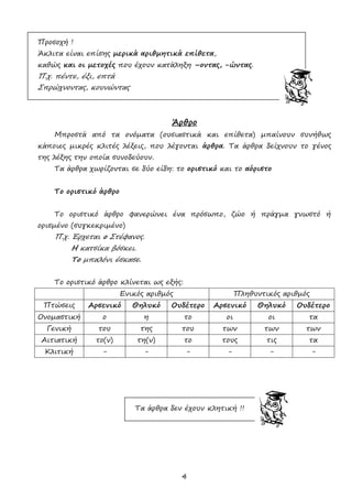 4
Προσοχή !
Άκλιτα είναι επίσης μερικά αριθμητικά επίθετα,
καθώς και οι μετοχές που έχουν κατάληξη –οντας, -ώντας.
Π.χ. πέντε, έξι, επτά
Σπρώχνοντας, κουνώντας
Άρθρο
Μπροστά από τα ονόματα (ουσιαστικά και επίθετα) μπαίνουν συνήθως
κάποιες μικρές κλιτές λέξεις, που λέγονται άρθρα. Τα άρθρα δείχνουν το γένος
της λέξης την οποία συνοδεύουν.
Τα άρθρα χωρίζονται σε δύο είδη: το οριστικό και το αόριστο
Το οριστικό άρθρο
Το οριστικό άρθρο φανερώνει ένα πρόσωπο, ζώο ή πράγμα γνωστό ή
ορισμένο (συγκεκριμένο)
Π.χ. Έρχεται ο Στέφανος.
Η κατσίκα βόσκει.
Το μπαλόνι έσκασε.
Το οριστικό άρθρο κλίνεται ως εξής:
Ενικός αριθμός Πληθυντικός αριθμός
Πτώσεις Αρσενικό Θηλυκό Ουδέτερο Αρσενικό Θηλυκό Ουδέτερο
Ονομαστική ο η το οι οι τα
Γενική του της του των των των
Αιτιατική το(ν) τη(ν) το τους τις τα
Κλιτική - - - - - -
Τα άρθρα δεν έχουν κλητική !!
 