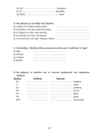 67
στ) (3) ……………………………………………………… κυνηγών
ζ) (1) ……………………………………………………… δασκάλας
η) (100) ……………………………………………………… ευρώ
3. Να γράψεις με μια λέξη πώς λέγεται:
α) η άδεια που διαρκεί δέκα μέρες ………………………………………………………
β) η γυναίκα που έχει ύψος δύο μέτρα ………………………………………………………
γ) το σχήμα που έχει τρεις γωνίες ………………………………………………………
δ) η μπλούζα που έχει ένα χρώμα ………………………………………………………
ε) το αυτοκίνητο που έχει τέσσερις πόρτες ………………………………………………………
4. Να φτιάξεις σύνθετες λέξεις χρησιμοποιώντας ως α΄ συνθετικό το ημί-
α) ώρα ………………………………………………………
β) τελικός ………………………………………………………
γ) υπόγειο ………………………………………………………
δ) όροφος ………………………………………………………
5. Να γράψεις το απόλυτο και το τακτικό αριθμητικό των παρακάτω
αριθμών.
Αριθμοί Απόλυτα Τακτικά
12 ………………………………… ………………………………….. παίχτης
9 ………………………………… ………………………………….. σειρά
21 ………………………………… ………………………………….. μαθητής
34 ………………………………… ………………………………….. λεπτό
93 ………………………………… ………………………………….. φορά
70 ………………………………… ………………………………….. χώρα
108 ………………………………… ………………………………….. συμμετοχή
 