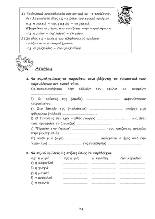 74
1) Τα θηλυκά ανισοσύλλαβα ουσιαστικά σε –α τονίζονται
στη λήγουσα σε όλες τις πτώσεις του ενικού αριθμού.
π.χ. η γιαγιά – της γιαγιάς – τη γιαγιά
Εξαιρείται το μάνα, που τονίζεται στην παραλήγουσα.
π.χ. η μάνα – της μάνας – τη μάνα
2) Σε όλες τις πτώσεις του πληθυντικού αριθμού
τονίζονται στην παραλήγουσα.
π.χ. οι γιαγιάδες – των γιαγιάδων
Ασκήσεις
1. Να συμπληρώσεις τα παρακάτω κενά βάζοντας τα ουσιαστικά των
παρενθέσεων στο σωστό τύπο.
α)Παρακολουθήσαμε την εξέλιξη του αγώνα με κομμένη
………………………………… .
β) Οι παίκτες της (ομάδα) ………………………………… εμφανίστηκαν
κουρασμένοι.
γ) Στο δάπεδο της (παλαίστρα) ………………………………… υπήρχε μια
ορθογώνια (πλάκα) ………………………………… .
δ) Ο Γρηγόρης δεν έχει πολλές (παρέα) ………………………………… και λέει
πως προτιμάει τη (μοναξιά) ………………………………… .
ε) Πέρασαν την (ημέρα) ………………………………… τους παίζοντας ανέμελα
στην (ακρογιαλιά) ………………………………… .
στ) Κάθε μια (ώρα) ………………………………… ακούγεται ο ήχος από την
(καμπάνα) ………………………………… της (εκκλησία) ………………………………… .
2. Να συμπληρώσεις τις στήλες όπως το παράδειγμα.
π.χ. η κυρά της κυράς οι κυράδες των κυράδων
α) η καφετζού ………………………. ………………………. …………………………
β) η γιαγιά ………………………. ………………………. …………………………
γ) η μαϊμού ………………………. ………………………. …………………………
δ) η κουρελού ………………………. ………………………. …………………………
ε) η νταντά ………………………. ………………………. …………………………
 