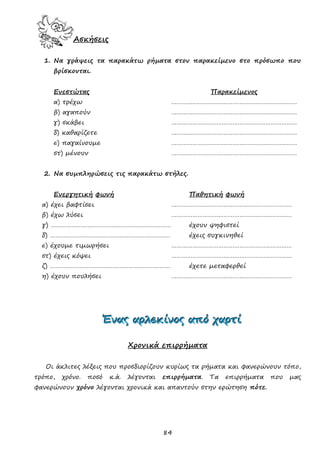 84
Ασκήσεις
1. Να γράψεις τα παρακάτω ρήματα στον παρακείμενο στο πρόσωπο που
βρίσκονται.
Ενεστώτας Παρακείμενος
α) τρέχω ………………………………………………………………
β) αγαπούν ………………………………………………………………
γ) σκάβει ………………………………………………………………
δ) καθαρίζετε ………………………………………………………………
ε) παγαίνουμε ………………………………………………………………
στ) μένουν ………………………………………………………………
2. Να συμπληρώσεις τις παρακάτω στήλες.
Ενεργητική φωνή Παθητική φωνή
α) έχει βαφτίσει ……………………………………………………………
β) έχω λύσει ……………………………………………………………
γ) …………………………………………………………… έχουν ψηφιστεί
δ) …………………………………………………………… έχεις συγκινηθεί
ε) έχουμε τιμωρήσει ……………………………………………………………
στ) έχεις κόψει ……………………………………………………………
ζ) …………………………………………………………… έχετε μεταφερθεί
η) έχουν πουλήσει ……………………………………………………………
ΈΈΈννναααςςς αααρρρλλλεεεκκκίίίνννοοοςςς αααπππόόό χχχαααρρρτττίίί
Χρονικά επιρρήματα
Οι άκλιτες λέξεις που προσδιορίζουν κυρίως τα ρήματα και φανερώνουν τόπο,
τρόπο, χρόνο. ποσό κ.ά. λέγονται επιρρήματα. Τα επιρρήματα που μας
φανερώνουν χρόνο λέγονται χρονικά και απαντούν στην ερώτηση πότε.
 