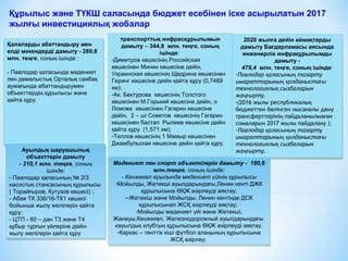Құрылыс және ТҮКШ саласында бюджет есебінен іске асырылатын 2017
жылғы инвестициялық жобалар
Қалаларды абаттандыру мен
елді мекендерді дамыту - 289,8
млн. теңге, соның ішінде :
- Павлодар қаласында мәдениет
пен демалыстық Орталық саябақ
аумағында абаттандырумен
объекттердің құрылысы және
қайта құру.
Қалаларды абаттандыру мен
елді мекендерді дамыту - 289,8
млн. теңге, соның ішінде :
- Павлодар қаласында мәдениет
пен демалыстық Орталық саябақ
аумағында абаттандырумен
объекттердің құрылысы және
қайта құру.
транспорттық инфрасқұрылымын
дамыту – 344,8 млн. теңге, соның
ішінде:
-Димитров көшесінің Российская
көшесінен Минин көшесіне дейін,
Украинская көшесінің Щедрина көшесінен
Геринг көшесіне дейін қайта құру (0,7489
км);
-Ак. Бектурова көшесінің Толстого
көшесінен М.Горький көшесіне дейін, о
Ломова көшесінен Гагарин көшесіне
дейін, 2 – ші Советов көшесінің Гагарин
көшесінен бастап Рылеев көшесіне дейін
қайта құру. (1,571 км);
-Теплов көшесінің 1 Мамыр көшесінен
Джамбульская көшесіне дейін қайта құру.
транспорттық инфрасқұрылымын
дамыту – 344,8 млн. теңге, соның
ішінде:
-Димитров көшесінің Российская
көшесінен Минин көшесіне дейін,
Украинская көшесінің Щедрина көшесінен
Геринг көшесіне дейін қайта құру (0,7489
км);
-Ак. Бектурова көшесінің Толстого
көшесінен М.Горький көшесіне дейін, о
Ломова көшесінен Гагарин көшесіне
дейін, 2 – ші Советов көшесінің Гагарин
көшесінен бастап Рылеев көшесіне дейін
қайта құру. (1,571 км);
-Теплов көшесінің 1 Мамыр көшесінен
Джамбульская көшесіне дейін қайта құру.
2020 жылға дейін аймақтарды
дамыту Бағдарламасы аясында
инженерлік инфрақұрылымды
дамыту -
479,4 млн. теңге, соның ішінде:
-Павлодар аласыны тазартуқ ң
имараттарыны олданыста ың қ ғ
технологиялы сызбаларынқ
жа ырту.ңғ
-(2016 жылы республикалық
бюджеттен б лінген нысаналы дамуө
трансферттеріні пайдаланылма анң ғ
сомаларын 2017 жылы пайдалану );
-Павлодар аласыны тазартуқ ң
имараттарыны олданыста ың қ ғ
технологиялы сызбаларынқ
жа ырту.ңғ
2020 жылға дейін аймақтарды
дамыту Бағдарламасы аясында
инженерлік инфрақұрылымды
дамыту -
479,4 млн. теңге, соның ішінде:
-Павлодар аласыны тазартуқ ң
имараттарыны олданыста ың қ ғ
технологиялы сызбаларынқ
жа ырту.ңғ
-(2016 жылы республикалық
бюджеттен б лінген нысаналы дамуө
трансферттеріні пайдаланылма анң ғ
сомаларын 2017 жылы пайдалану );
-Павлодар аласыны тазартуқ ң
имараттарыны олданыста ың қ ғ
технологиялы сызбаларынқ
жа ырту.ңғАуылдық шаруашылық
объекттерін дамыту
- 210,1 млн. теңге, соның
ішінде:
- Павлодар қаласының № 2/3
насостық стансасының құрылысы
( Торайғыров, Кутузов көшесі) ;
- Абая ТК 336/16-ТК1 көшесі
бойынша жылу желілерін қайта
құру;
- ЦТП - 60 – дан Т3 және Т4
құбыр тұрғын үйлеріне дейін
жылу желілерін қайта құру
Ауылдық шаруашылық
объекттерін дамыту
- 210,1 млн. теңге, соның
ішінде:
- Павлодар қаласының № 2/3
насостық стансасының құрылысы
( Торайғыров, Кутузов көшесі) ;
- Абая ТК 336/16-ТК1 көшесі
бойынша жылу желілерін қайта
құру;
- ЦТП - 60 – дан Т3 және Т4
құбыр тұрғын үйлеріне дейін
жылу желілерін қайта құру
Мәдениет пен спорт объектілерін дамыту - 180,6
млн.теңге, соның ішінде:
- Кенжекөл ауылында мәдениет үйінің құрылысы
-Мойылды, Жетекші ауылдарындағы,Ленин кенті ДЖК
құрылысына ӨҚЖ әзірлеуді аяқтау;
--Жетекіш және Мойылды, Ленин кентінде ДСК
құрылысынап ЖСҚ әзірлеуді аяқтау;
-Мойылды мәдениет үйі және Жетекші,
Жанауы,Кенжекөл, Железнодорожный ауылдарындағы
кауылдық клубтың құрылысына ӨҚЖ әзірлеуді аяқтау.
-Каркас – тенттік кіші футбол алаңының құрылысына
ЖСҚ әзірлеу;
Мәдениет пен спорт объектілерін дамыту - 180,6
млн.теңге, соның ішінде:
- Кенжекөл ауылында мәдениет үйінің құрылысы
-Мойылды, Жетекші ауылдарындағы,Ленин кенті ДЖК
құрылысына ӨҚЖ әзірлеуді аяқтау;
--Жетекіш және Мойылды, Ленин кентінде ДСК
құрылысынап ЖСҚ әзірлеуді аяқтау;
-Мойылды мәдениет үйі және Жетекші,
Жанауы,Кенжекөл, Железнодорожный ауылдарындағы
кауылдық клубтың құрылысына ӨҚЖ әзірлеуді аяқтау.
-Каркас – тенттік кіші футбол алаңының құрылысына
ЖСҚ әзірлеу;
 