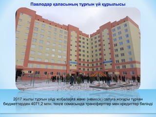 2017 жылы тұрғын үйді жобалауға және (немесе) салуға жоғары тұрған
бюджеттерден 4071,2 млн. теңге сомасында трансферттер мен кредиттер бөлінді
2017 жылы тұрғын үйді жобалауға және (немесе) салуға жоғары тұрған
бюджеттерден 4071,2 млн. теңге сомасында трансферттер мен кредиттер бөлінді
Павлодар қаласының тұрғын үй құрылысы
 
