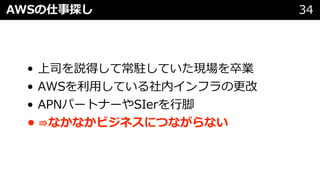 • 上司を説得して常駐していた現場を卒業
• AWSを利⽤している社内インフラの更改
• APNパートナーやSIerを⾏脚
• ⇛なかなかビジネスにつながらない
AWSの仕事探し 34
 