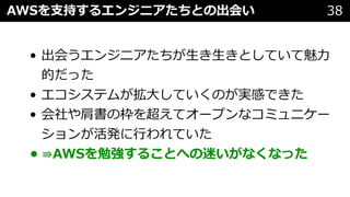 • 出会うエンジニアたちが⽣き⽣きとしていて魅⼒
的だった
• エコシステムが拡⼤していくのが実感できた
• 会社や肩書の枠を超えてオープンなコミュニケー
ションが活発に⾏われていた
• ⇛AWSを勉強することへの迷いがなくなった
AWSを⽀持するエンジニアたちとの出会い 38
 