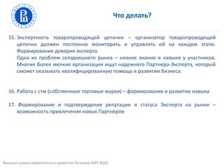 Что делать?
15. Экспертность товаропроводящей цепочки – организатор товаропроводящей
цепочки должен постоянно мониторить и управлять ей на каждом этапе.
Формирование доверия эксперта.
Одна из проблем сегодняшнего рынка – низкие знания и навыки у участников.
Многие более мелкие организации ищут надежного Партнера-Эксперта, который
сможет оказывать квалифицированную помощь в развитии бизнеса.
16. Работа с стм (собственные торговые марки) – формирование и развитие навыка
17. Формирование и подтверждение репутации и статуса Эксперта на рынке –
возможность привлечения новых Партнеров
 
