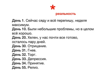*реальность
День 1. Сейчас сяду и всё перепишу, неделя
максимум.

День 10. Были небольшие проблемы, но в целом
всё хорошо.

День 20. Хелен, у нас почти все готово,
осталось пару дней.

День 30. Отрицание.

День 31. Гнев.

День 32. Торг.

День 33. Депрессия.

День 34. Принятие.

День 55. Релиз.
 