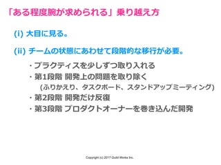 Copyright (c) 2017 Guild Works Inc.
「ある程度腕が求められる」乗り越え⽅
(i) ⼤⽬に⾒る。
(ii) チームの状態にあわせて段階的な移⾏が必要。
・プラクティスを少しずつ取り⼊れる
・第1段階 開発上の問題を取り除く
  (ふりかえり、タスクボード、スタンドアップミーティング)
・第2段階 開発だけ反復
・第3段階 プロダクトオーナーを巻き込んだ開発
 