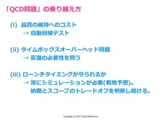 Copyright (c) 2017 Guild Works Inc.
「QCD問題」の乗り越え⽅
(i) 品質の維持へのコスト
   → ⾃動回帰テスト
(ii) タイムボックスオーバーヘッド問題
   → 反復の必要性を問う
(iii) ローンチタイミングが守られるか
   → 常にシミュレーションが必要(着地予想)。
    納期とスコープのトレードオフを判断し続ける。
 