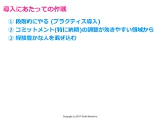 Copyright (c) 2017 Guild Works Inc.
導⼊にあたっての作戦
① 段階的にやる (プラクティス導⼊)
② コミットメント(特に納期)の調整が効きやすい領域から
③ 経験豊かな⼈を混ぜ込む
 