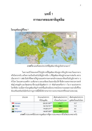 7
บทที่ 1
การผงาดของชาติมุสลิม
โลกมุสลิมอยู่ที่ไหน ?
ภาพที่ 6 แผนที่แสดงประเทศที่มีมุสลิมอาศัยอยู่เป็นจานวนมาก7
ในความเข้าใจของคนทั่วไปภูมิภาคที่มีมุสลิมอาศัยอยู่มากคือภูมิภาคตะวันออกกลาง
หรือโลกอาหรับ แต่ในความเป็นจริงแล้วยังมีภูมิภาคอื่น ๆ ที่มีมุสลิมอาศัยอยู่จานวนมากเช่นกัน เพราะ
เป็นเวลากว่า 1,400 ปีแล้วที่อิสลามได้ถูกเผยแพร่จากมหานครมักกะฮและมาดีนะฮไปยังภูมิภาคต่าง ๆ
ทั่วโลก โดยเฉพาะแอฟริกา เอเชียกลาง และเอเชียตะวันออกเฉียงใต้ ซึ่งมีความหลากหลายทางชาติ
พันธุ์ เศรษฐกิจ และวัฒนธรรม ซึ่งรวมแล้วมีมุสลิมกว่า 1.7 พันล้านคนหรือราว 1 ใน 4 ของประชากร
โลกทีเดียว ฉะนั้นหากโลกมุสลิมเจริญก้าวหน้าขึ้นแล้วจะมีบทบาทต่อโลกมากและสมควรอย่างยิ่งที่ไทย
ต้องเตรียมพร้อมรับมือกับปรากฏการณ์นี้เพื่อให้เราสามารถวางบทบาทของชาติไทยอย่างเหมาะสม
ประเทศ จานวนประชากร
ที่เป็นมุสลิม
สัดส่วนต่อประชากร
ทั้งหมดในประเทศ
สัดส่วนต่อประชากร
มุสลิมทั้งหมดในโลก
ภาพที่ 7 ประเทศที่มีประชากรมุสลิมมากที่สุด 4 ประเทศแรก ซึ่งไม่ใช่ประเทศอาหรับ
 