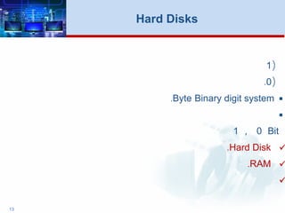 )1
)0.
Binary digit systemByte.

Bit0,1
Hard Disk.
RAM.

13
Hard Disks
 