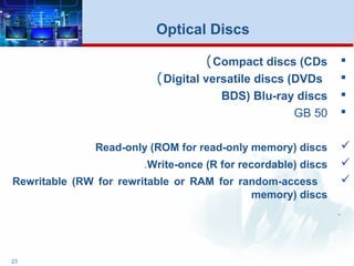 Compact discs (CDs)
Digital versatile discs (DVDs)
BDS) Blu-ray discs
GB 50
Read-only (ROM for read-only memory) discs
Write-once (R for recordable) discs.
Rewritable (RW for rewritable or RAM for random-access
memory) discs
.
23
Optical Discs
 