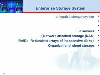 enterprise storage system.


File servers
Network attached storage (NAS(.
)RAID) Redundant arrays of inexpensive disks
Organizational cloud storage
28
Enterprise Storage System
 