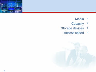 
Media

Capacity

Storage devices

Access speed
6
 