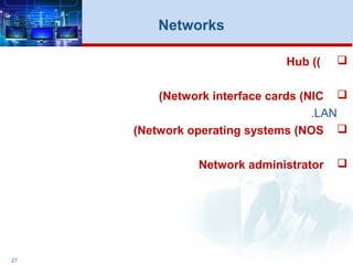 27
Networks
((Hub
Network interface cards (NIC(
LAN.
Network operating systems (NOS(
Network administrator
 