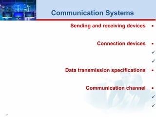 Sending and receiving devices
Connection devices


Data transmission specifications
Communication channel


7
Communication Systems
 