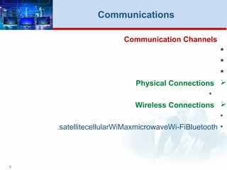 Communication Channels



Physical Connections
•
Wireless Connections
•
•BluetoothWi-FimicrowaveWiMaxcellularsatellite.
8
Communications
 