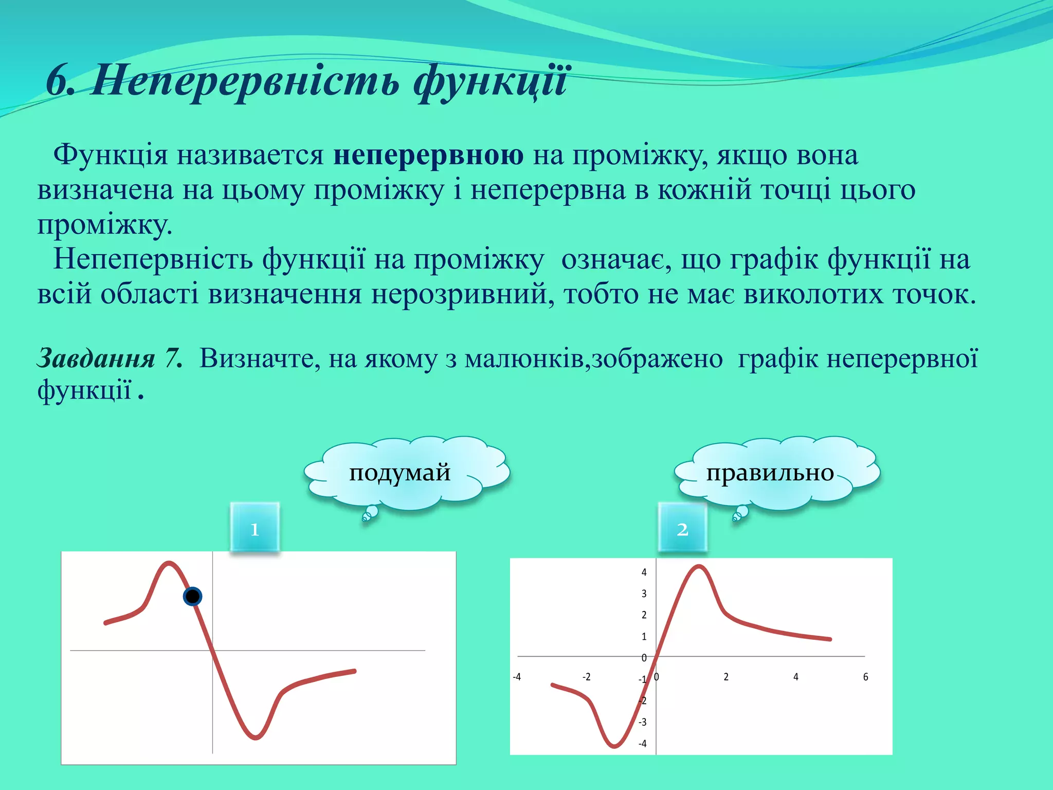 6. Неперервність функції
Функція називается неперервною на проміжку, якщо вона
визначена на цьому проміжку і неперервна в кожній точці цього
проміжку.
Непепервність функції на проміжку означає, що графік функції на
всій області визначення нерозривний, тобто не має виколотих точок.
Завдання 7. Визначте, на якому з малюнків,зображено графік неперервної
функції .
-5
-4
-3
-2
-1
0
1
2
3
4
5
-4 -2 0 2 4 6
1 2
подумай правильно
 