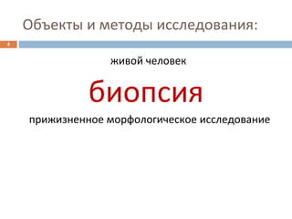 Объекты и методы исследования:
4
живой человек
биопсия
прижизненное морфологическое исследование
 