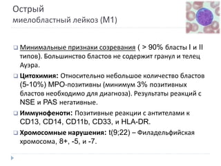 Острый
миелобластный лейкоз (M1)
 Минимальные признаки созревания ( > 90% бласты I и II
типов). Большинство бластов не содержит гранул и телец
Ауэра.
 Цитохимия: Относительно небольшое количество бластов
(5-10%) MPO-позитивны (минимум 3% позитивных
бластов необходимо для диагноза). Результаты реакций с
NSE и PAS негативные.
 Иммунофеноти: Позитивные реакции с антителами к
CD13, CD14, CD11b, CD33, и HLA-DR.
 Хромосомные нарушения: t(9;22) – Филадельфийская
хромосома, 8+, -5, и -7.
 