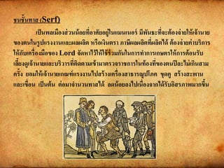 ชนชั้นทาส (Serf)
เป็นพลเมืองส่วนน้อยที่อาศัยอยู่ในแมนเนอร์ มีพันธะที่จะต้องจ่ายให้เจ้านาย
ของตนในรูปแรงงานและผลผลิต หรือเงินตรา ภาษีผลผลิตที่ผลิตได้ ต้องจ่ายค่าบริการ
ให้กับเครื่องมือของ Lord จัดหาไว้ให้ใช้ร่วมกันในการทาการเกษตรให้การต้อนรับ
เลี้ยงดูเจ้านายและบริวารที่ติดตามเข้ามาตรวจราชการในท้องที่ของตนปีละไม่เกินสาม
ครั้ง ยอมให้เจ้านายเกณฑ์แรงงานไปสร้างเครื่องสาธารณูปโภค ขุดคู สร้างสะพาน
และเขื่อน เป็นต้น ต่อมาจานวนทาสได้ ลดน้อยลงไปเนื่องจากได้รับอิสรภาพมากขึ้น
 