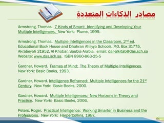 ‫ِظبكه‬‫اٌنوبءاد‬‫اٌّزؼلكح‬
Armstrong, Thomas. 7 Kinds of Smart: Identifying and Developing Your
Multiple Intelligences. New York: Plume, 1999.
Armstrong, Thomas. Multiple Intelligences in the Classroom, 2nd ed.
Educational Book House and Dhahran Ahliyya Schools, P.O. Box 31775,
Akrabeyah 31952, Al Khobar, Saubia Arabia. email: dar-alkitab@das.sch.sa
Website: www.das.sch.sa. ISBN 9960-863-25-5
.
Gardner, Howard. Frames of Mind: The Theory of Multiple Intelligences.
New York: Basic Books, 1993.
Gardner, Howard. Intelligence Reframed: Multiple Intelligences for the 21st
Century. New York: Basic Books, 2000.
Gardner, Howard. Multiple Intelligences: New Horizons in Theory and
Practice. New York: Basic Books, 2006.
Peters, Roger. Practical Intelligence: Working Smarter in Business and the
Professions. New York: HarperCollins, 1987.
64
 