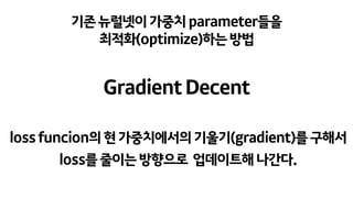 GradientDecent
lossfuncion의현가중치에서의기울기(gradient)를구해서
loss를줄이는방향으로 업데이트해나간다.
기존뉴럴넷이가중치parameter들을
최적화(optimize)하는방법
 